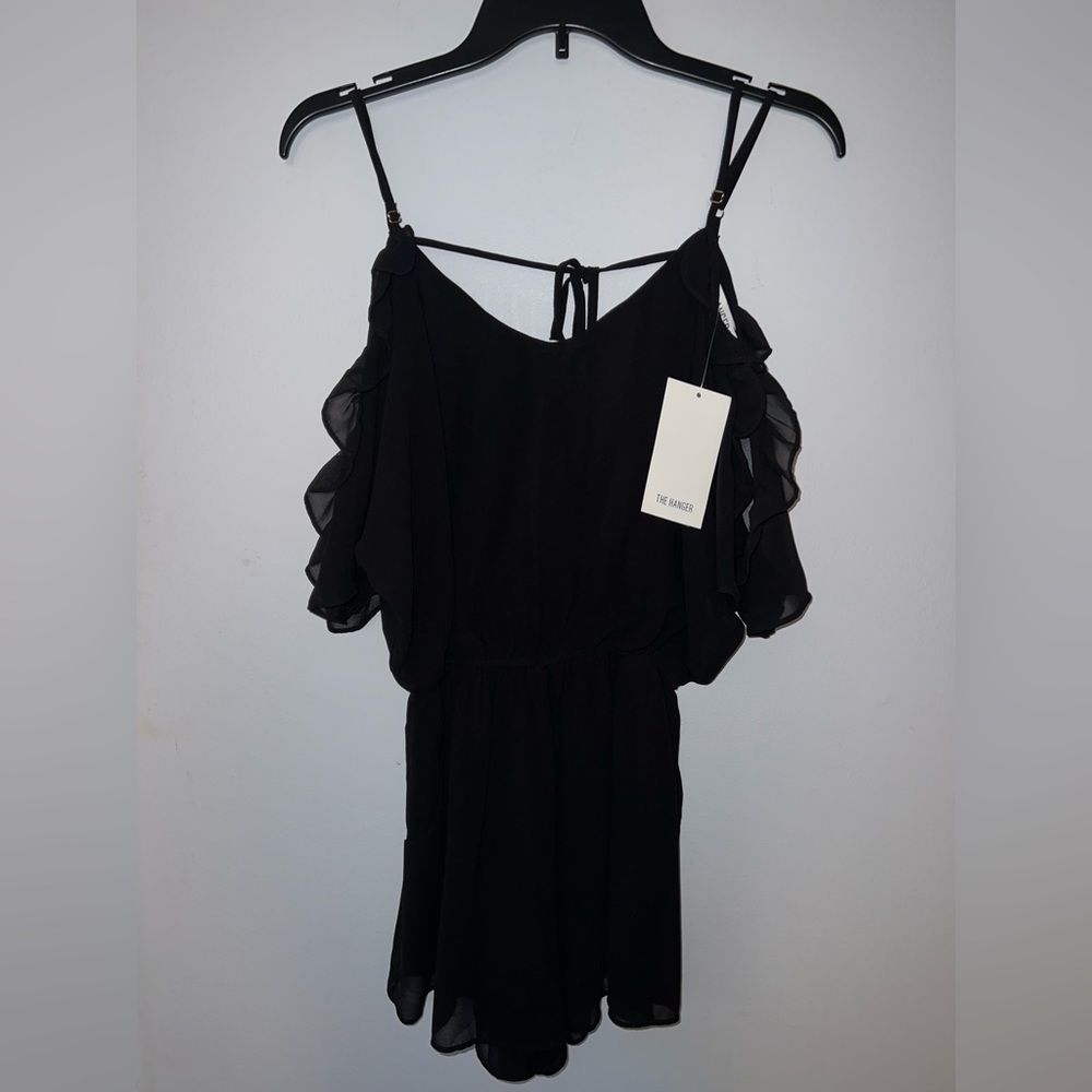 The Hanger | Small - Black Cold Shoulder Sleeve w/ Ruffle trim romper NWT